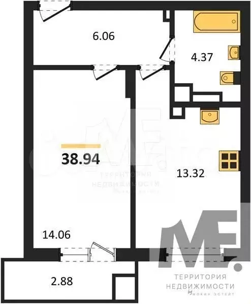 1-к. квартира, 38,9 м, 6/9 эт. - Фото 0