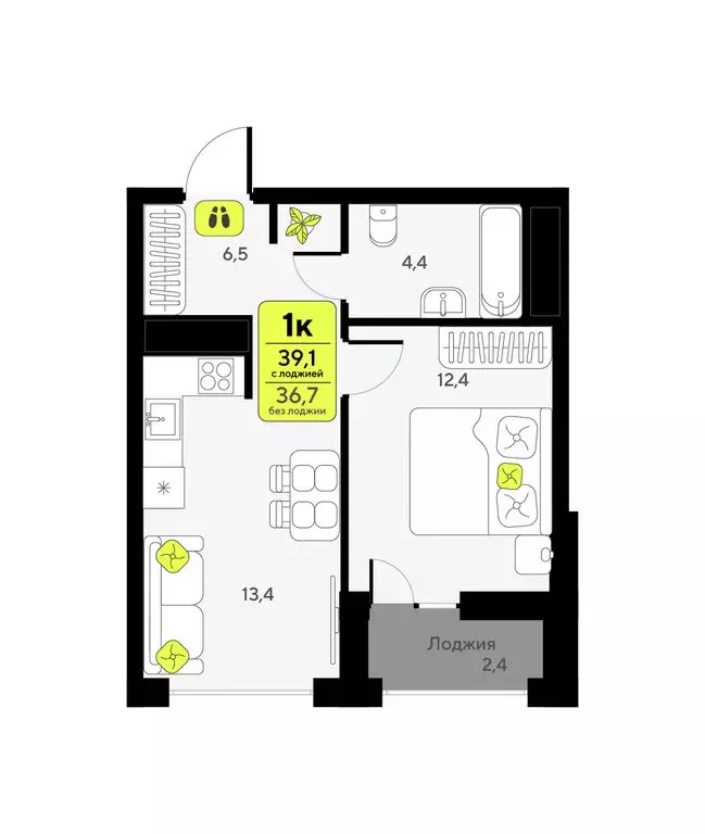 1-комнатная квартира: Тюмень, улица Андрея Приказнова, 7 (39.1 м) - Фото 1