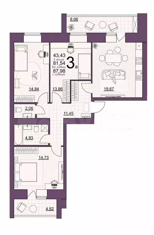 3-к. квартира, 88 м, 1/14 эт. - Фото 0