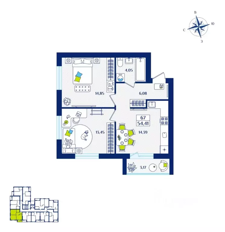 2-к кв. Калининградская область, Зеленоградск  (54.41 м) - Фото 0