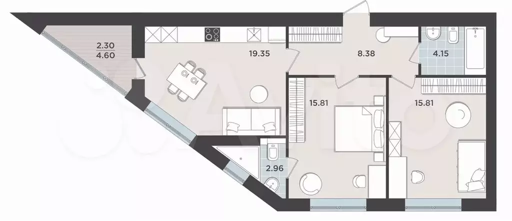 2-к. квартира, 68,8 м, 5/9 эт. - Фото 1