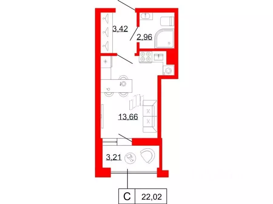 Студия Санкт-Петербург ул. Коли Томчака, 3 (22.02 м) - Фото 1