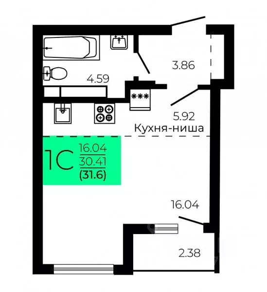 Студия Воронежская область, Воронеж Оникс жилой комплекс (31.6 м) - Фото 1