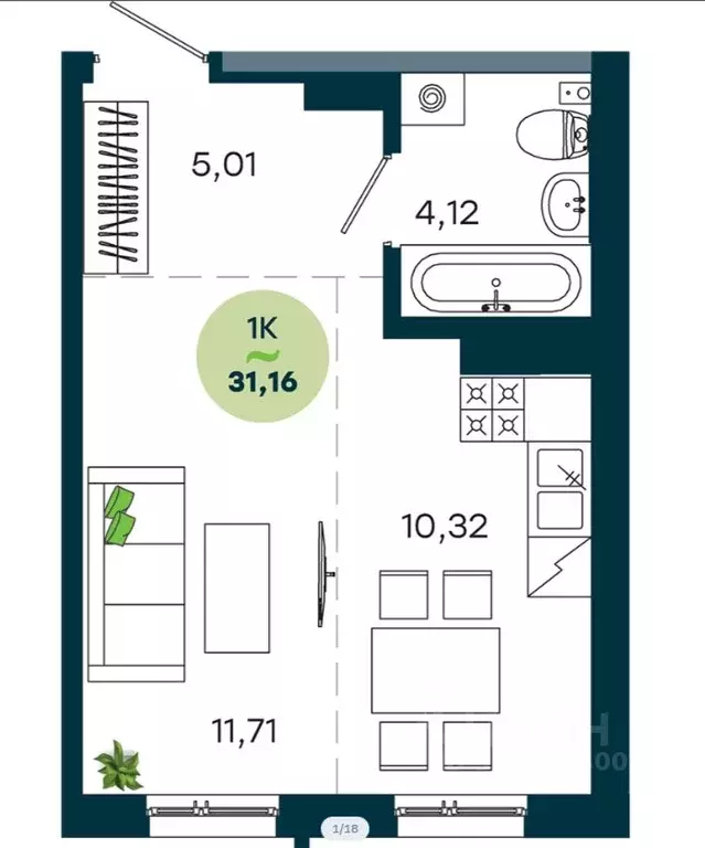 1-к кв. Иркутская область, Иркутск ул. Безбокова, 7А/1 (31.16 м) - Фото 0
