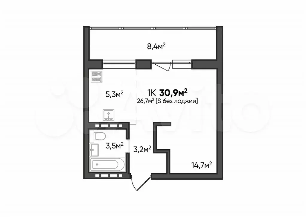 Квартира-студия, 30,9 м, 1/8 эт. - Фото 1