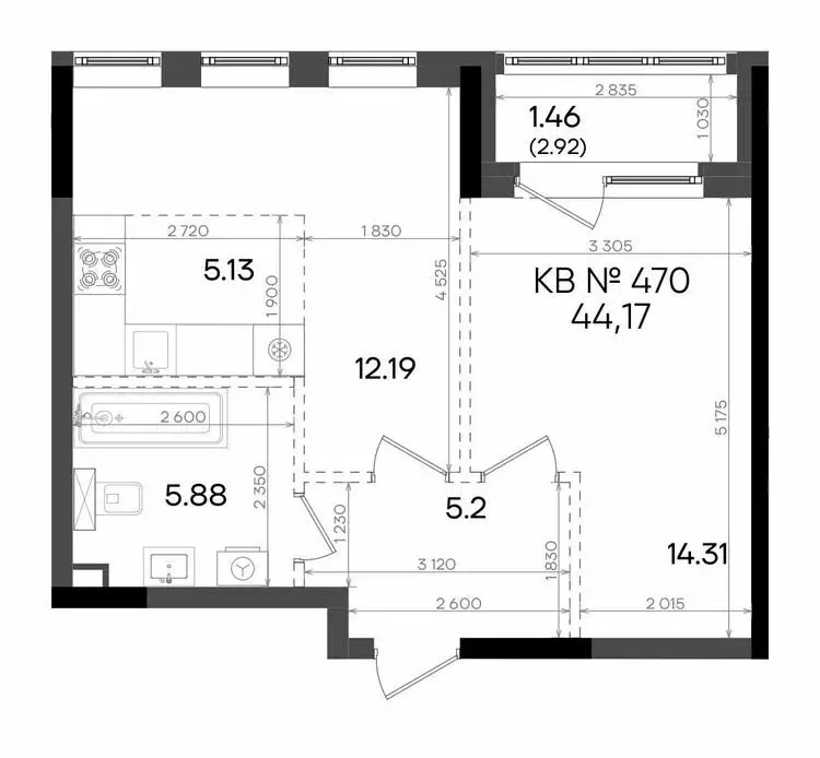 2-комнатная квартира: Казань, улица Аделя Кутуя, 181 (44.17 м) - Фото 0