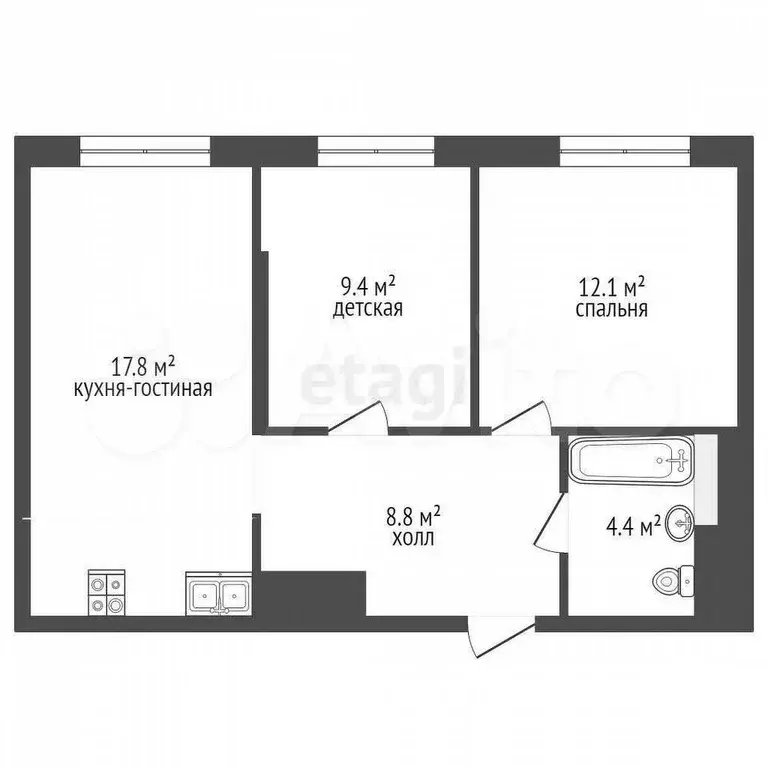 2-к. квартира, 58,3 м, 6/8 эт. - Фото 0
