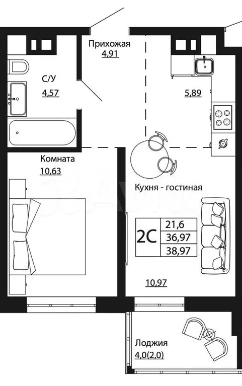 2-к. квартира, 39 м, 3/24 эт. - Фото 0