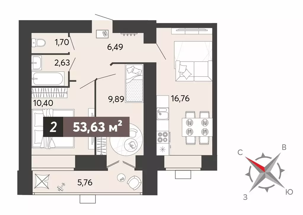 2-к квартира, 53.63 м - Фото 0