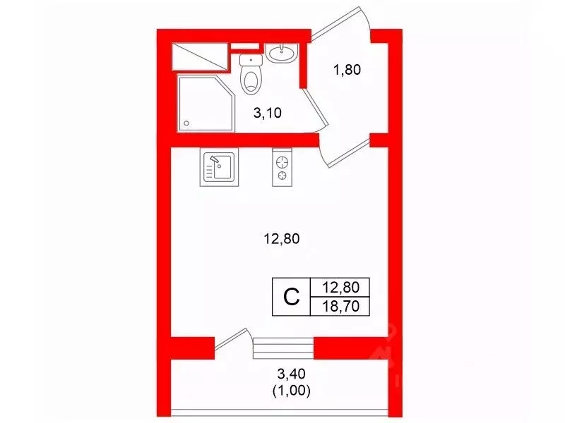 Студия Санкт-Петербург ул. Чарушинская, 26к1 (18.7 м) - Фото 2