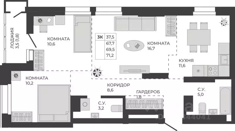 3-к кв. Алтайский край, Барнаул тракт Павловский, 251Б (69.5 м) - Фото 1