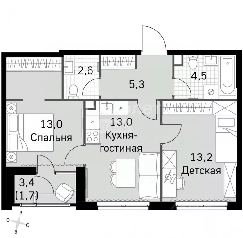 2-к кв. Москва Строительный проезд, 9 (53.3 м) - Фото 1