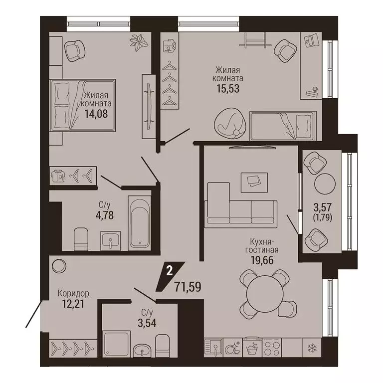 2-комнатная квартира: Екатеринбург, улица Энергостроителей, 7 (71.59 ... - Фото 1