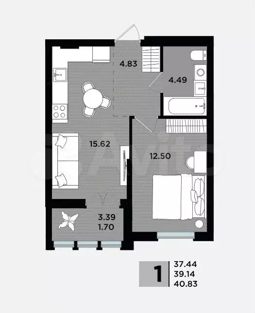 1-к. квартира, 39,1 м, 5/5 эт. - Фото 1