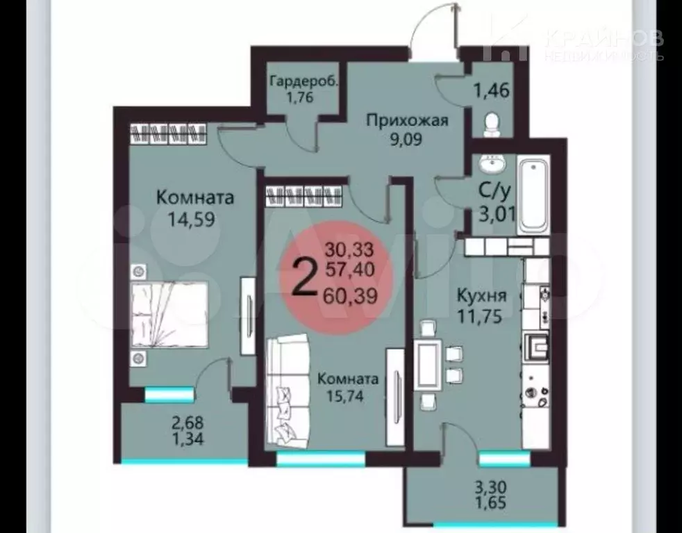 2-к. квартира, 60 м, 8/18 эт. - Фото 0
