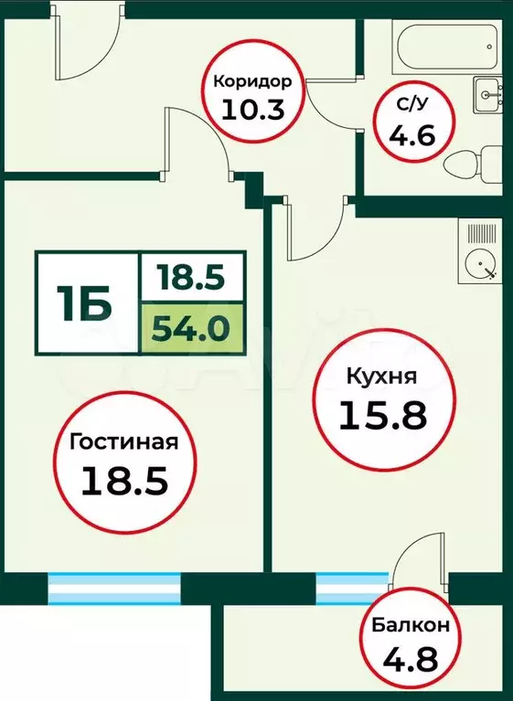 1-к. квартира, 54 м, 3/8 эт. - Фото 0