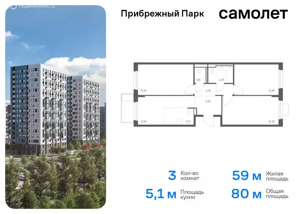 3-комнатная квартира: село Ям, жилой комплекс Прибрежный Парк, 10.2 ... - Фото 0