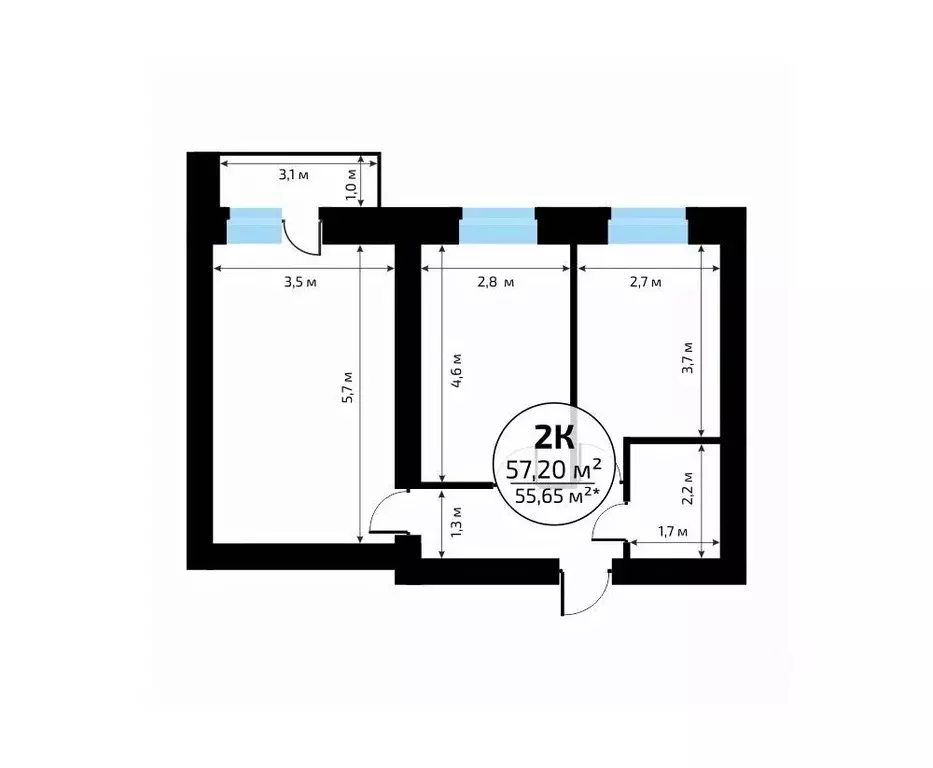 2-к кв. Самарская область, Самара пос. Мехзавод, 1-й кв-л, 50 (57.2 м) - Фото 2