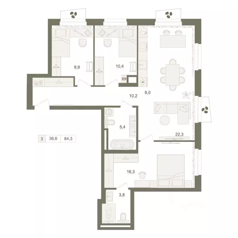 3-к кв. Башкортостан, Уфа Родина Парк жилой комплекс (84.3 м) - Фото 0