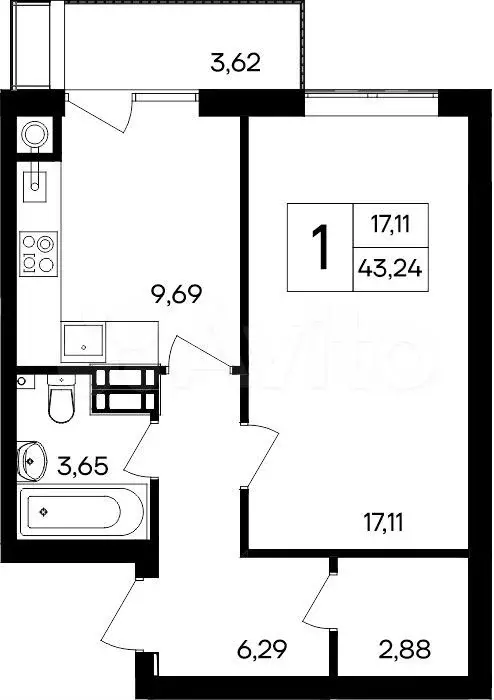 1-к. квартира, 43,2 м, 6/8 эт. - Фото 1