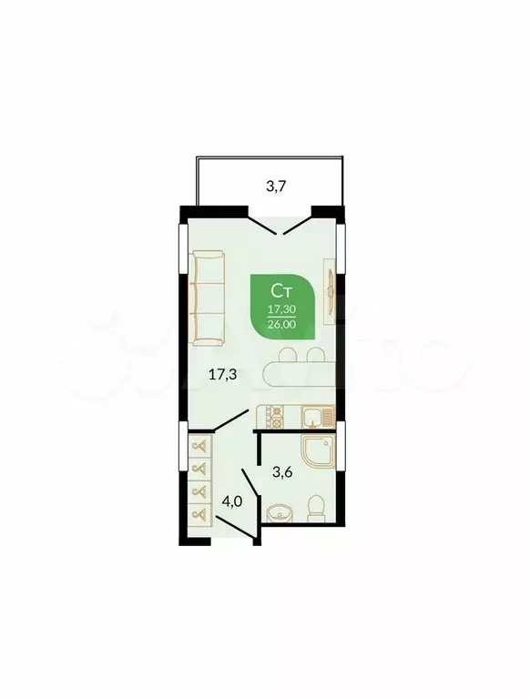 Квартира-студия, 26 м, 7/12 эт. - Фото 0