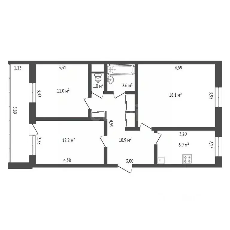3-к кв. Амурская область, Благовещенск Студенческая ул., 45/3 (64.2 м) - Фото 2