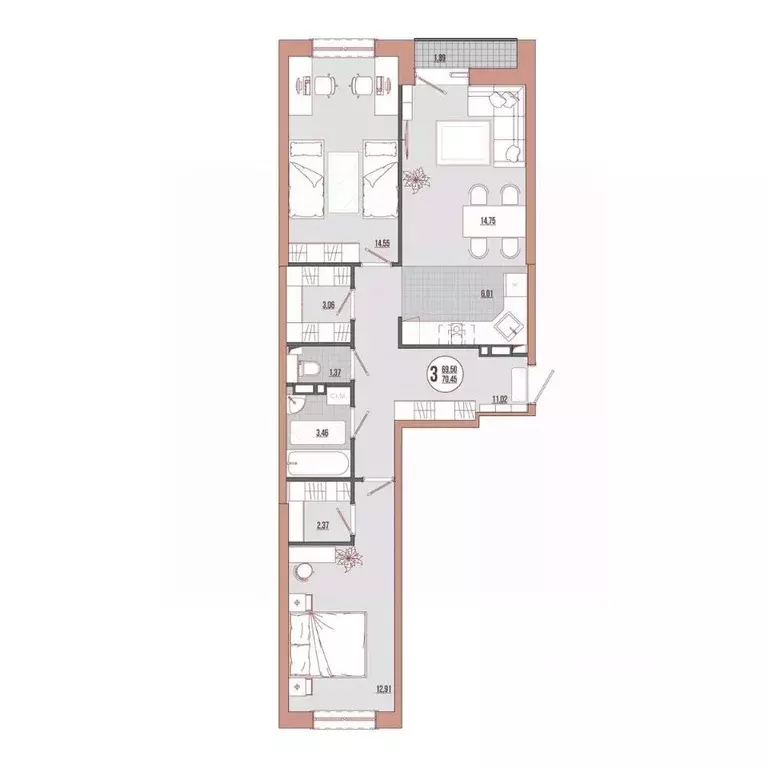 3-к кв. Приморский край, Владивосток ул. Адмирала Юмашева (70.45 м) - Фото 0