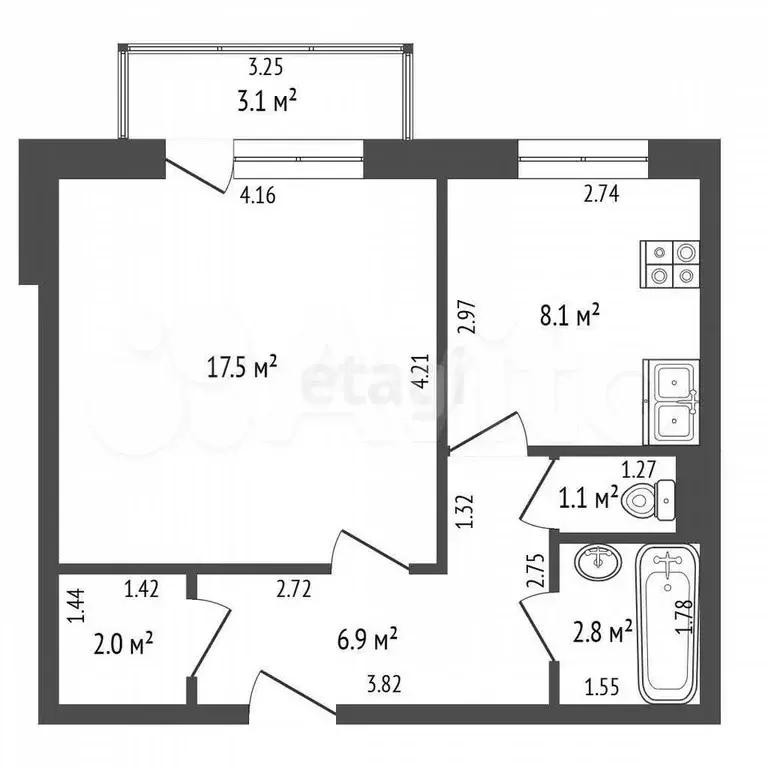 1-к. квартира, 38,4 м, 2/5 эт. - Фото 0