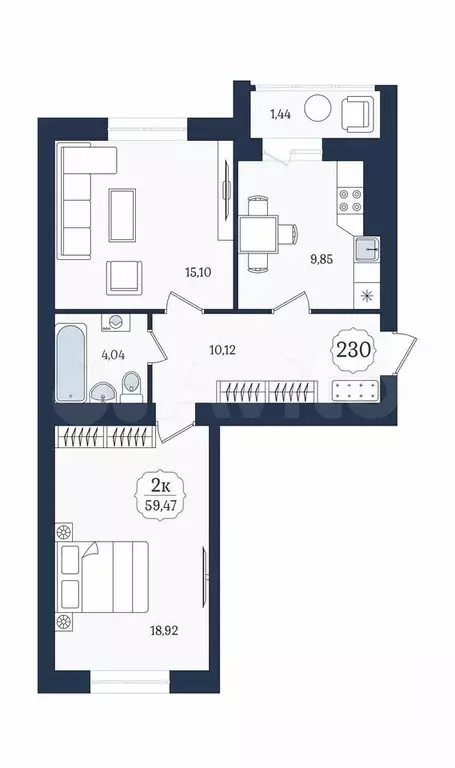 2-к. квартира, 59,5 м, 1/9 эт. - Фото 1