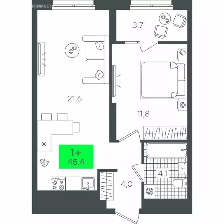 1-комнатная квартира: Тюмень, улица Василия Малкова, 19 (45.43 м) - Фото 0