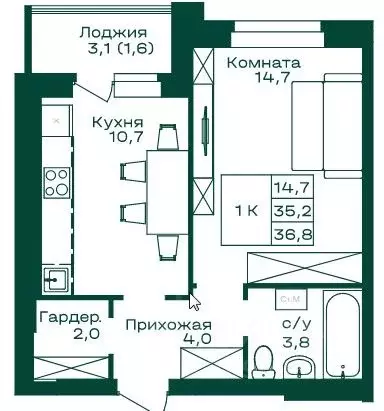 1-к кв. Алтай, Майминский район, с. Майма Алтайская ул., 2Ак5 (36.8 м) - Фото 1