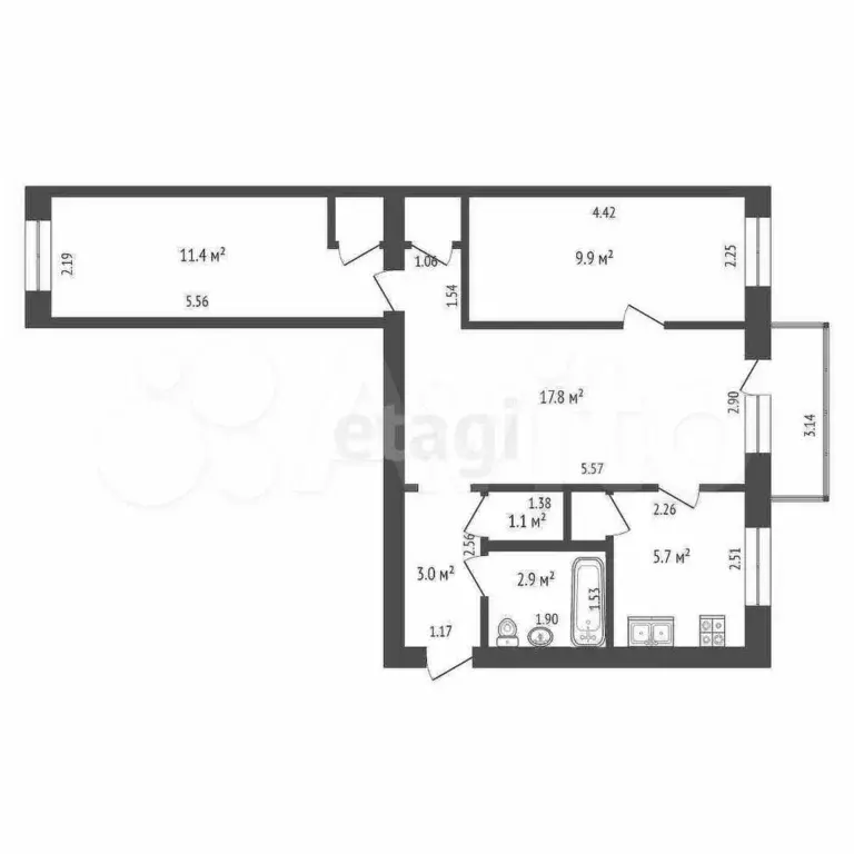 3-к. квартира, 53,7 м, 3/5 эт. - Фото 0