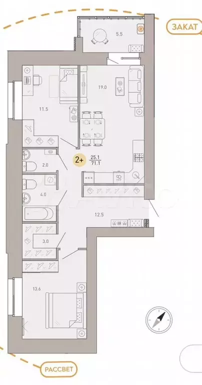 2-к. квартира, 71,1 м, 1/9 эт. - Фото 1