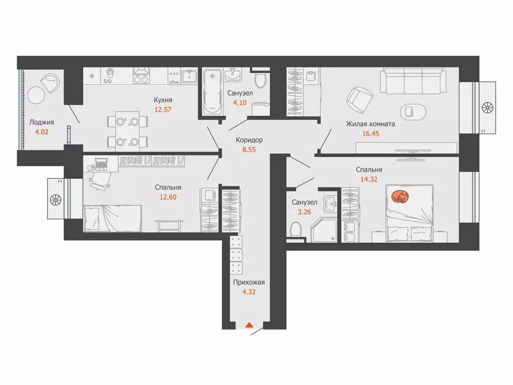 3-комнатная квартира: Волгоград, ЖК Центропарк (78 м) - Фото 1