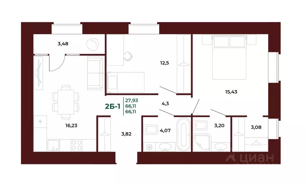 2-к кв. Пензенская область, Пенза Арбери жилой комплекс (65.99 м) - Фото 0
