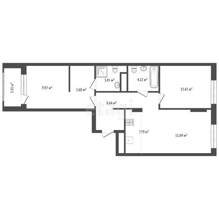 2-комнатная квартира: Тюмень, Интернациональная улица, 199к9 (66 м) - Фото 1