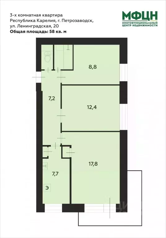 3-к кв. Карелия, Петрозаводск Ленинградская ул., 20 (58.0 м) - Фото 1