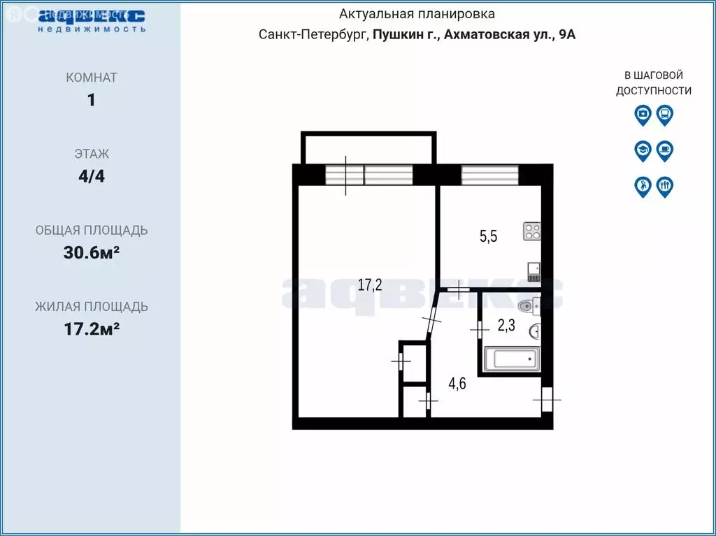 1-комнатная квартира: Пушкин, Ахматовская улица, 9 (30.6 м) - Фото 2