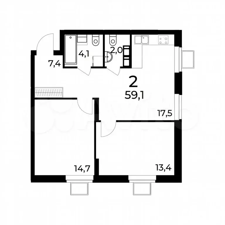 2-к. квартира, 59,1 м, 13/15 эт. - Фото 0