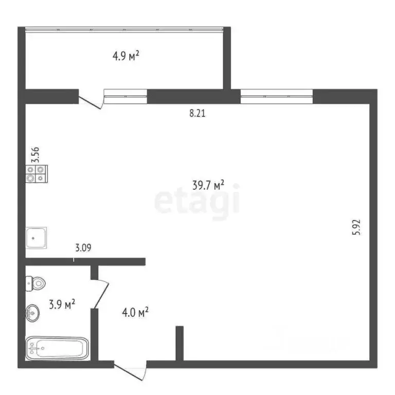 Студия Тюменская область, Тюмень ул. Шишкова, 20 (47.6 м) - Фото 1