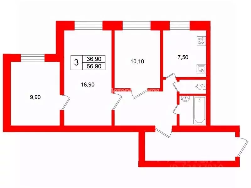 3-к кв. Санкт-Петербург ул. Ярослава Гашека, 9К1 (56.9 м) - Фото 2