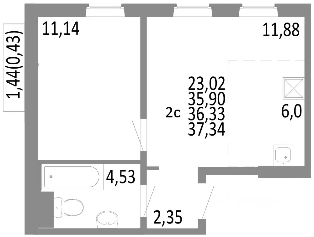 2-к кв. Челябинская область, Челябинск ул. Блюхера, 125В (36.33 м) - Фото 0