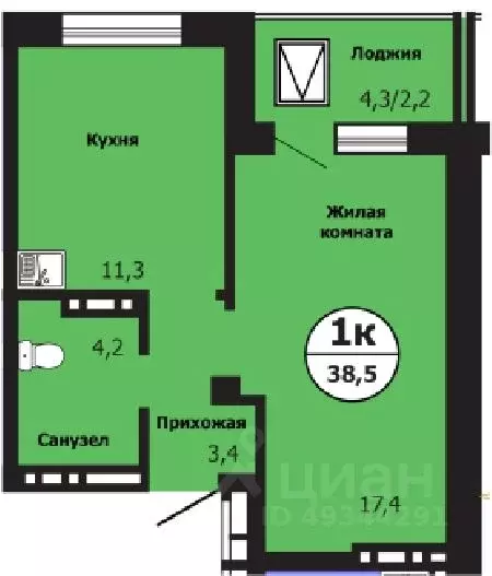 1-к кв. Красноярский край, Красноярск ул. Лесников, 51Б (38.6 м) - Фото 0