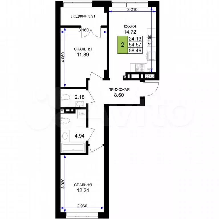 2-к. квартира, 58,5 м, 4/7 эт. - Фото 1