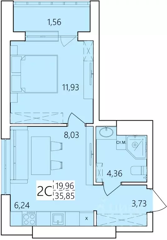 2-к кв. Башкортостан, Уфа Затон жилрайон, Волна жилой комплекс (35.85 ... - Фото 0