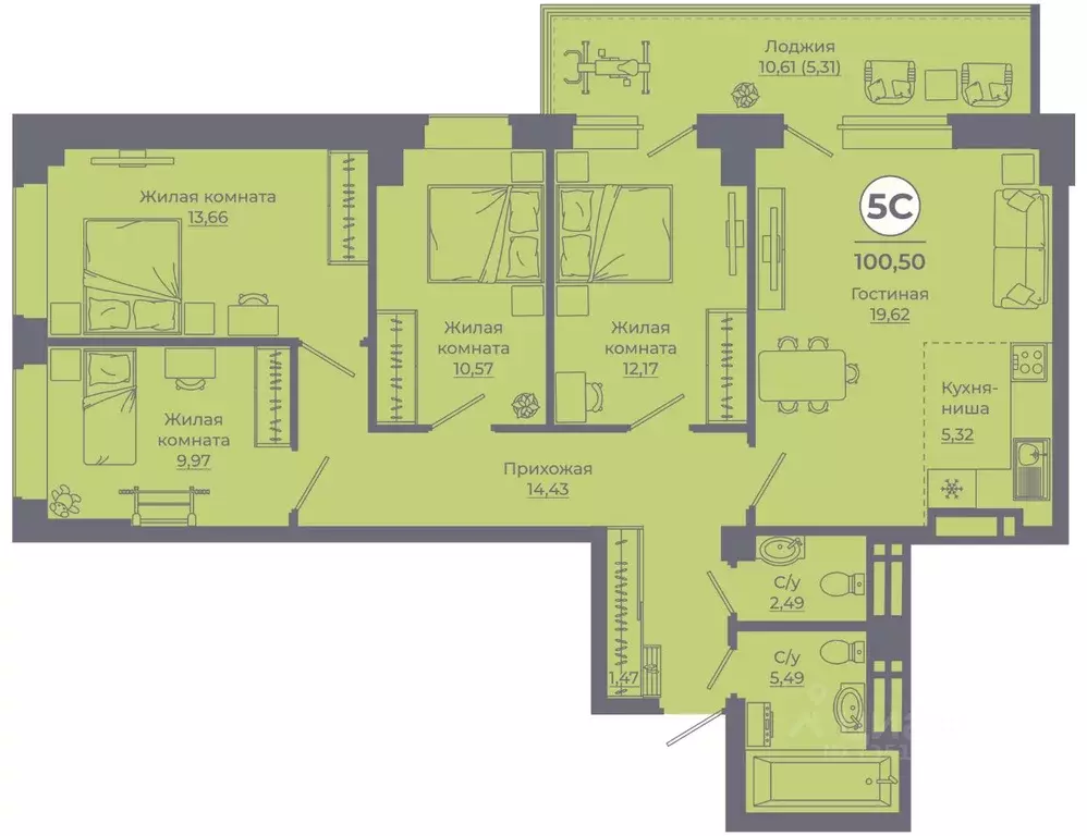 5-к кв. Ростовская область, Ростов-на-Дону ул. Еременко, 115 (100.56 ... - Фото 1