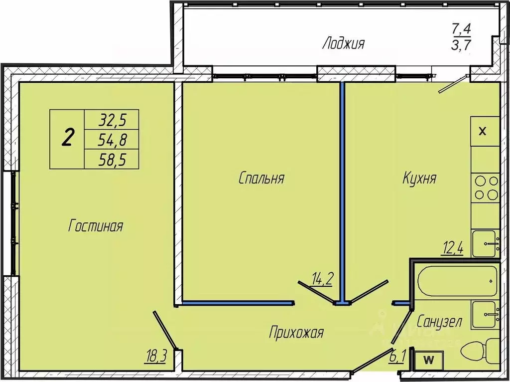 2-к кв. Кемеровская область, Кемерово просп. Притомский, 30А (58.5 м) - Фото 1