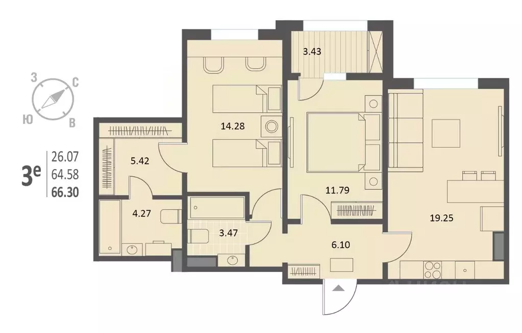 2-к кв. Воронежская область, Воронеж Краснознаменная ул., 72 (66.3 м) - Фото 1