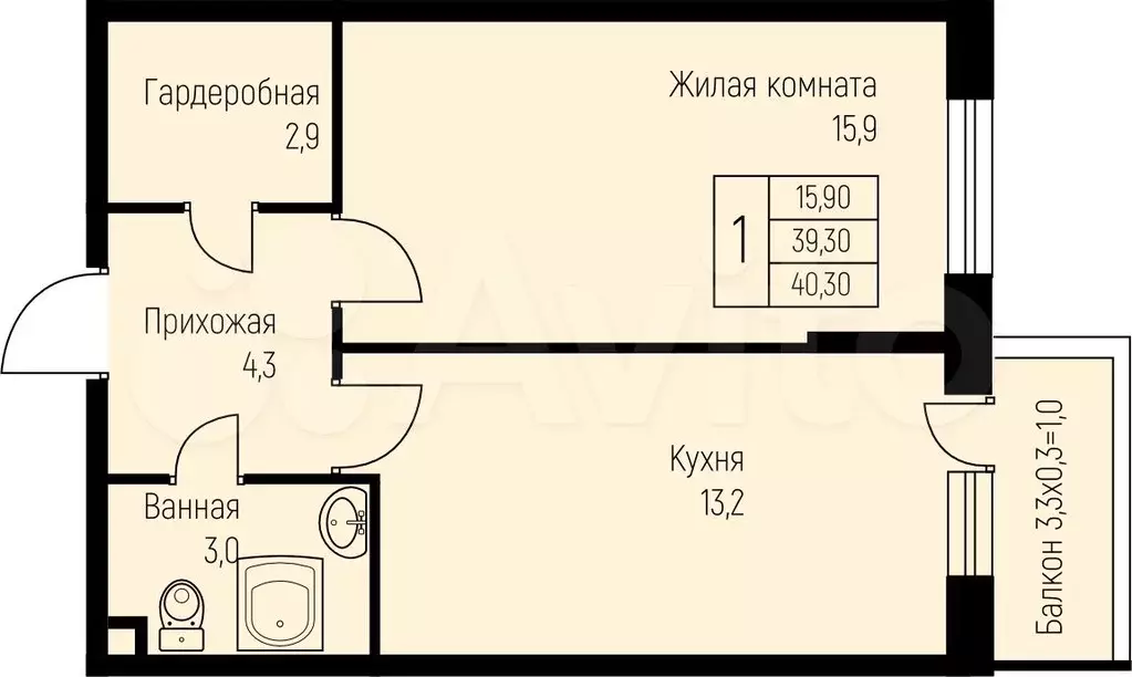 1-к. квартира, 40,3 м, 2/3 эт. - Фото 0