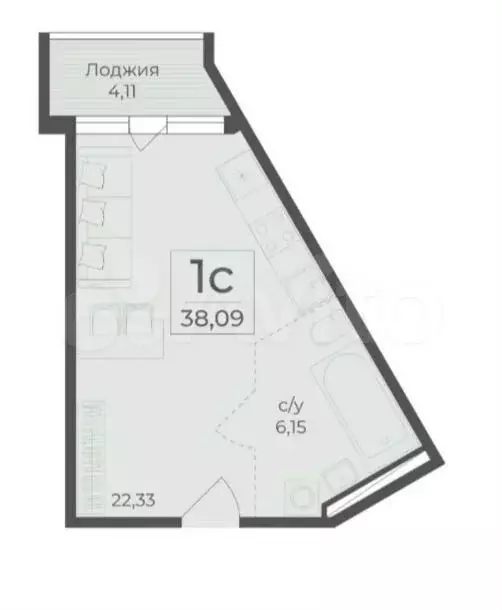 1-к. квартира, 38,1 м, 6/15 эт. - Фото 1